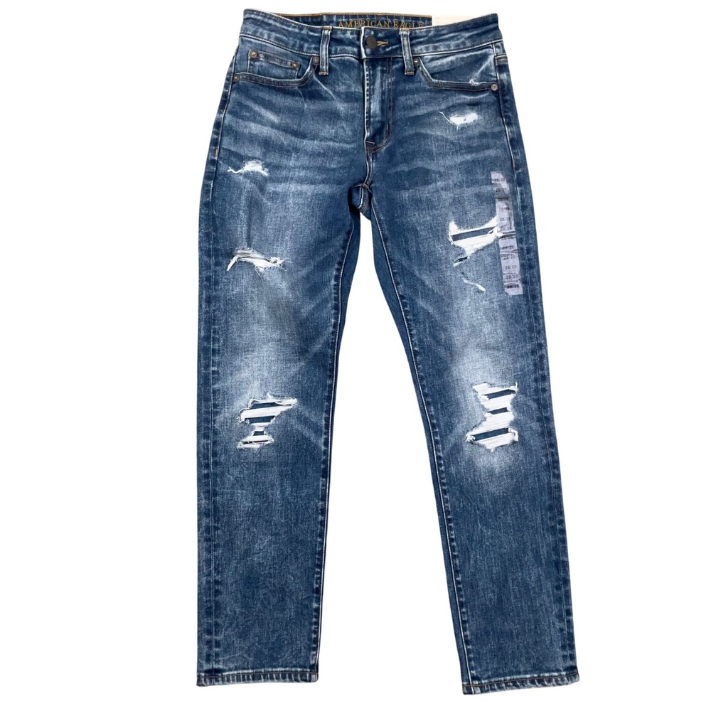 American Eagle Jeans Mens 28W 28L Blue Slim Straight Flex Medium Destroyβ NWT